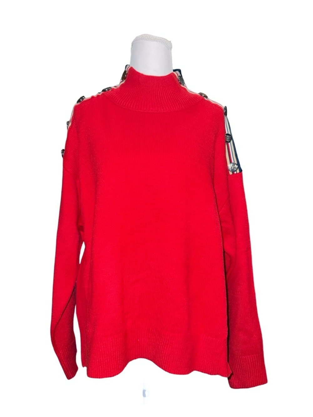 Tommy Hilfiger Mock Neck Sweater Small Red Colorblock Button Shoulder NWT Preppy - Picture 2 of 13